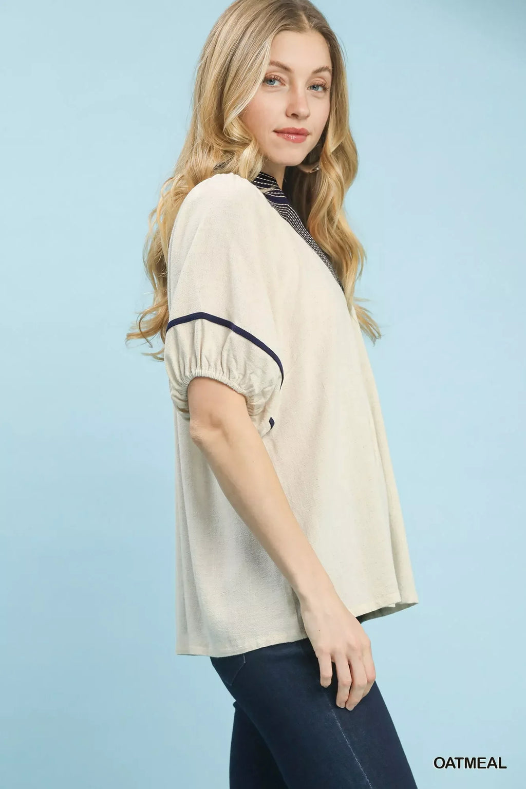 Linen Puff Sleeve Contrast Trim Top