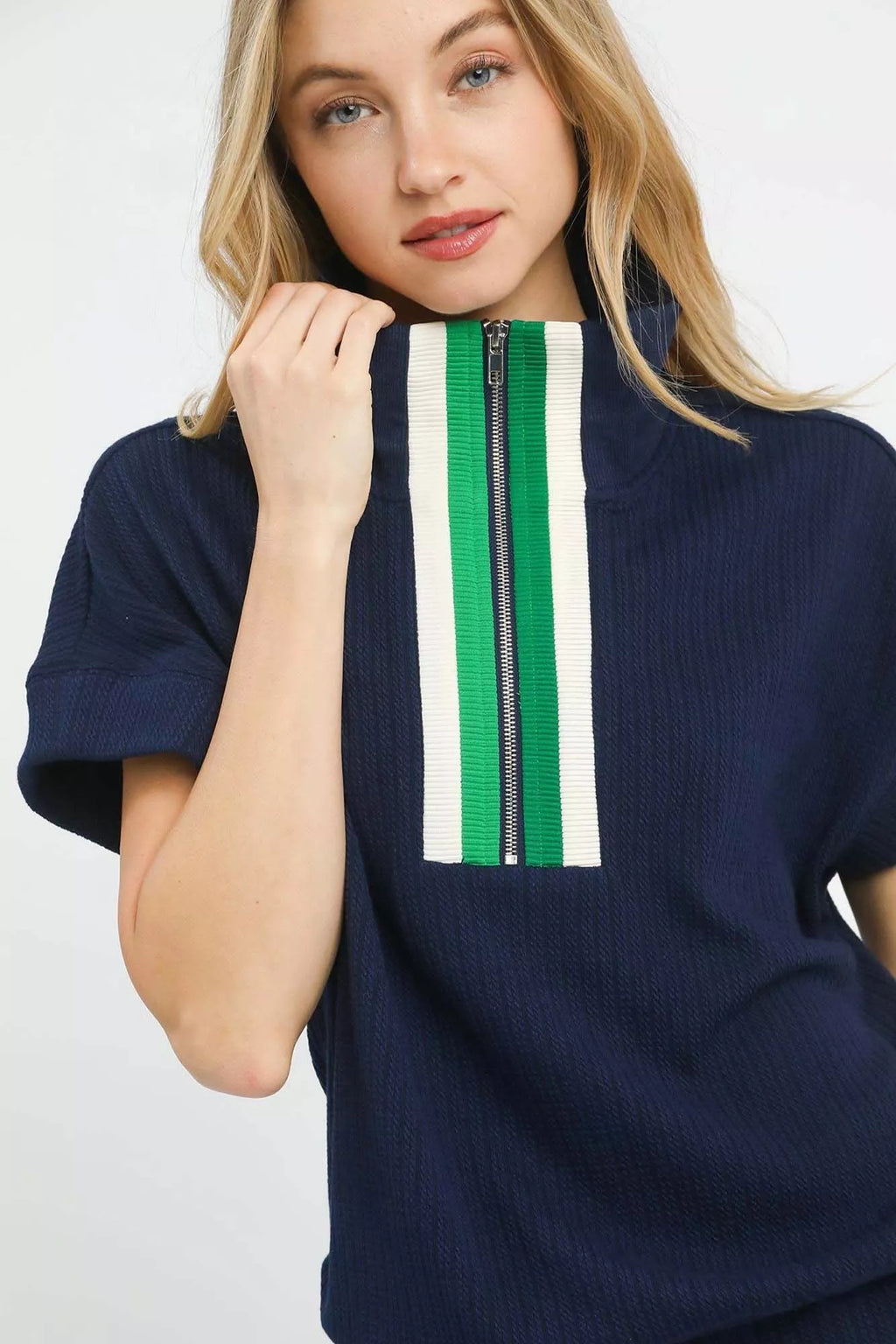 Textured Striped Zip Collar Knit Top