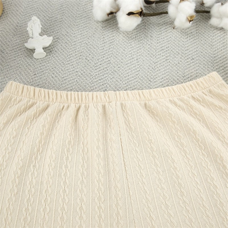 Solid Color Knit Crewneck Long Sleeve Crop Top and Shorts Set - Loungewear