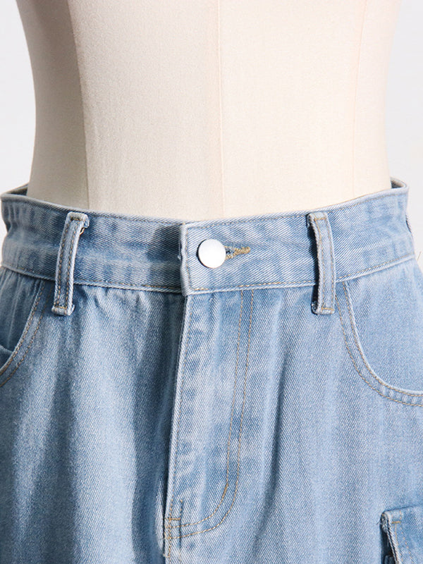 High Waisted Loose Buckle Split-Back Split-Joint Streamer Zipper Skirts