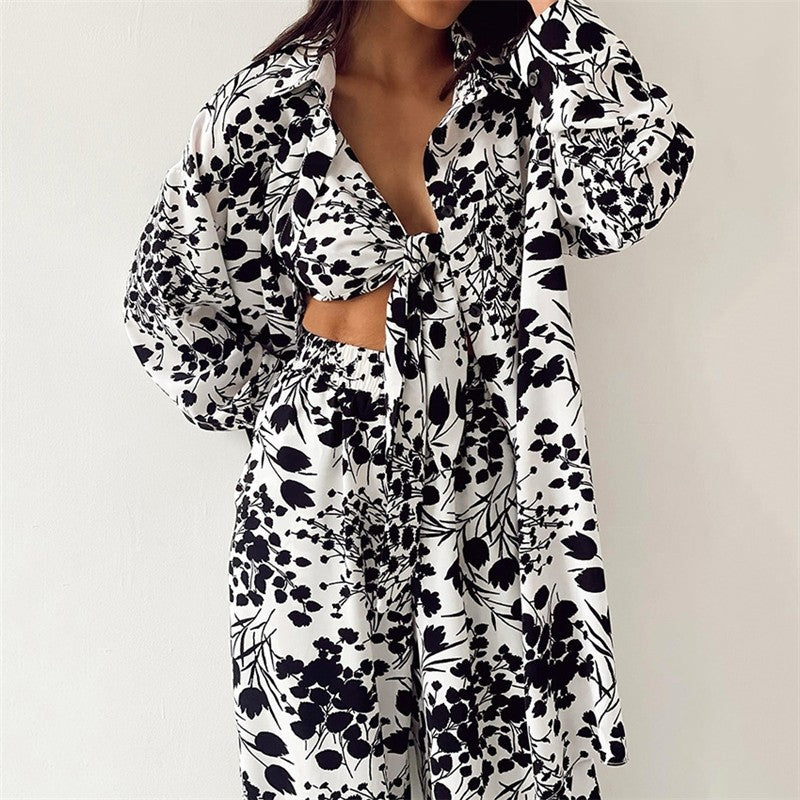 Knotted Bra and Long Sleeve Lapel Blouse with Pants Three-Piece Loungewear Set