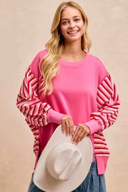French Terry Stripe Combo Sweatshirt with Open Seam