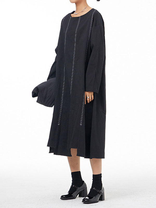 Irregular Clipping Long Sleeves Split-Joint Round-Neck Midi Dresses