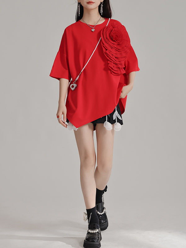 Loose Short Sleeves Asymmetric Solid Color Three-Dimensional Flower Round-Neck T-Shirts Tops