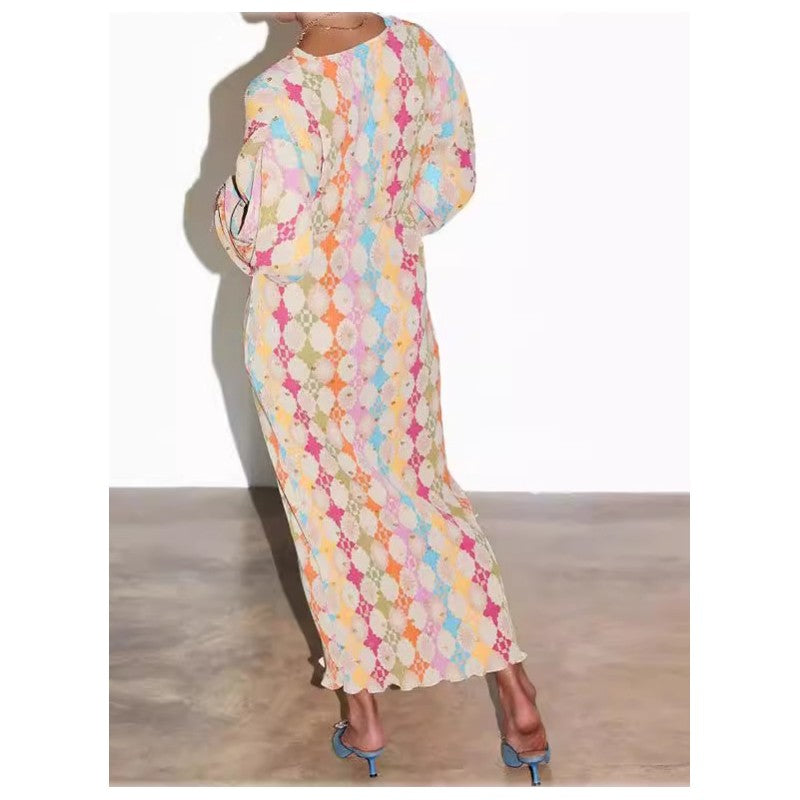 Retro Maxi Dress with Deep V-Neck and Long Sleeves