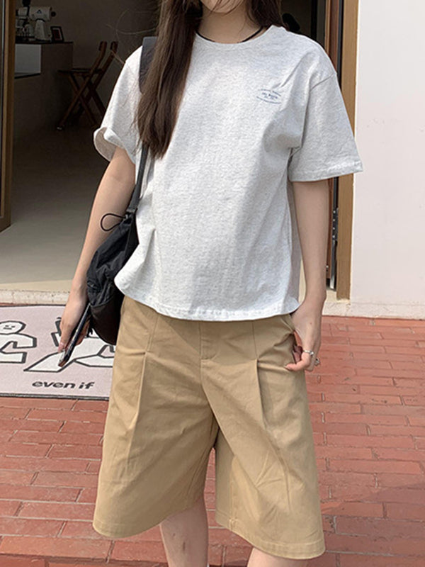 High Waisted Loose Pleated Solid Color Half Pants Shorts Bottoms