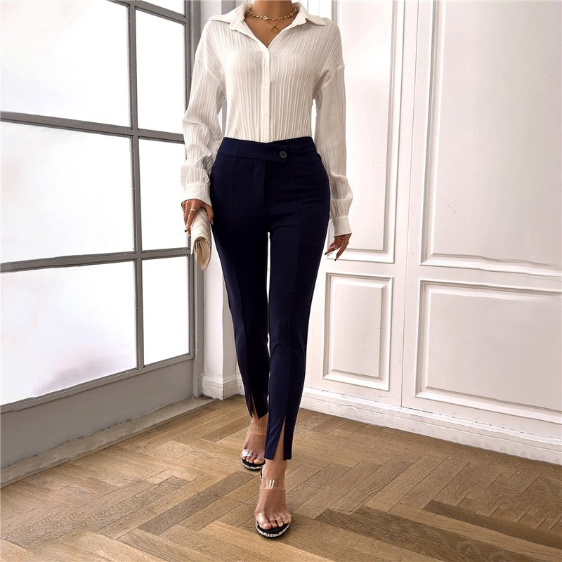 Solid Color Split Hem Cropped Trousers