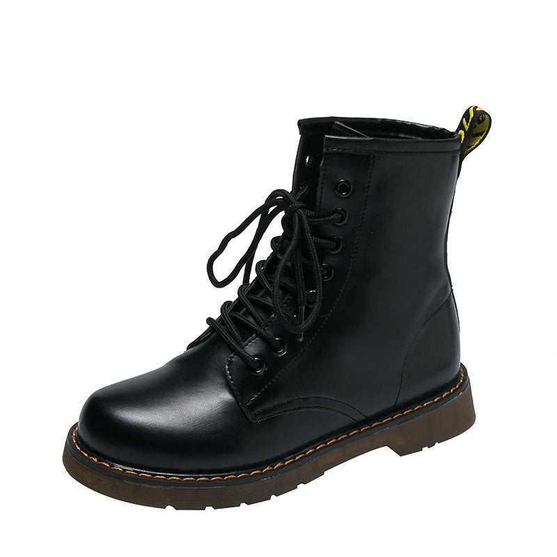 Women's Chunky Lace-Up Dr Martens-Style Boots – Round Toe, Mid-Heel, Black PU Leather