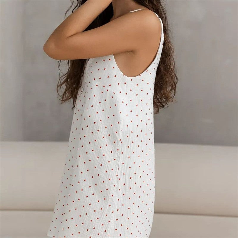 Heart Print White Thin Strap Nightgown