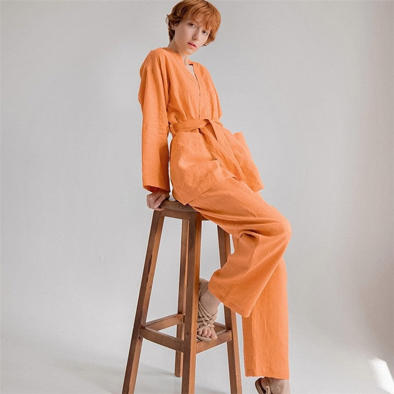 Women's Cotton Linen Lightweight Two-Piece Pajama Set