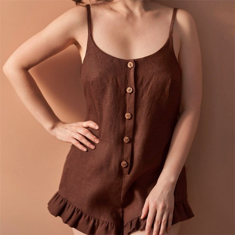 Solid Color Sleeveless Ruffled Hem Jumpsuit with Spaghetti Straps - Loungewear