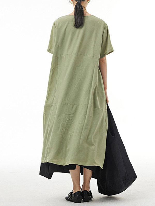 Irregular Clipping Loose Solid Color Round-Neck Midi Dresses