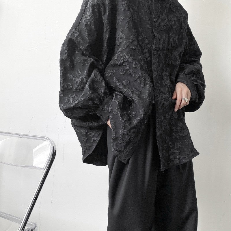 Embossed Pleated Long Sleeve Shirt in Solid Color