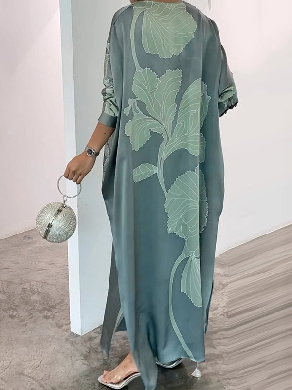 Long Sleeve Buttoned Muslim V-Neck Midi Dress with Contrast Color Flower & Leaves Print