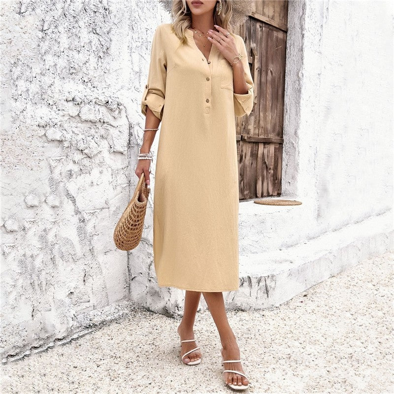 Casual Loose Fit V-Neck Solid Color Long Sleeve Midi Dress