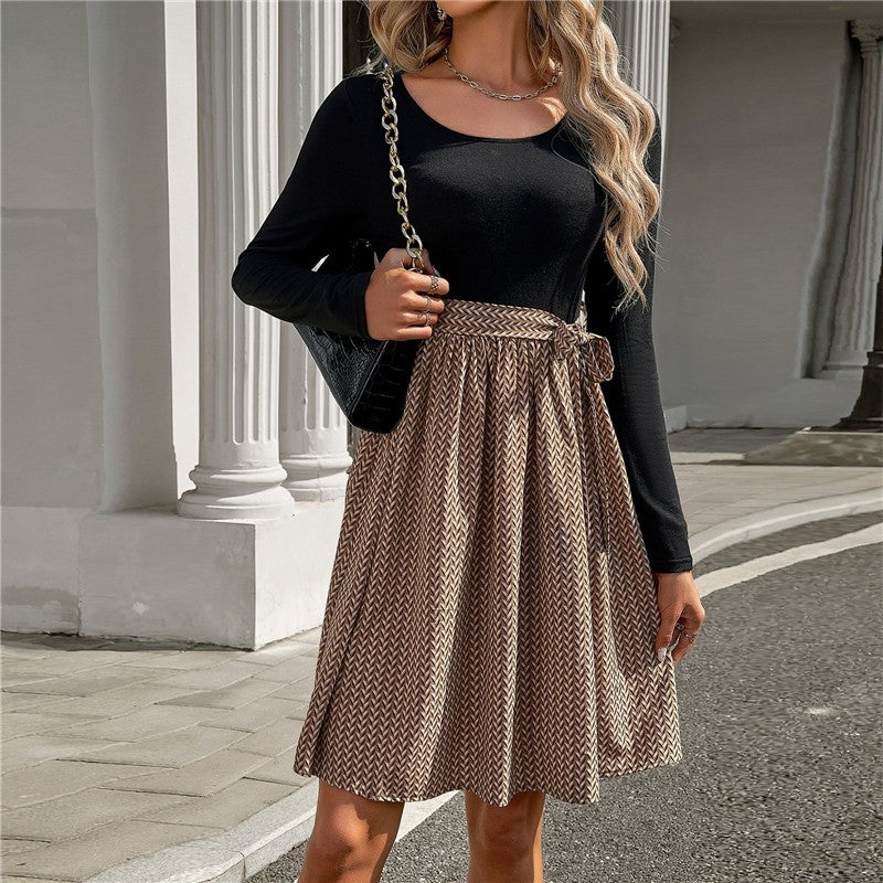 Long Sleeve Crewneck Waist Tied Patchwork A-Line Dress