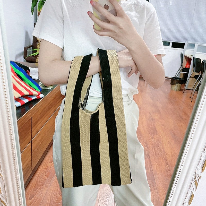 Contrast Color Striped Openning Knitted Handbag