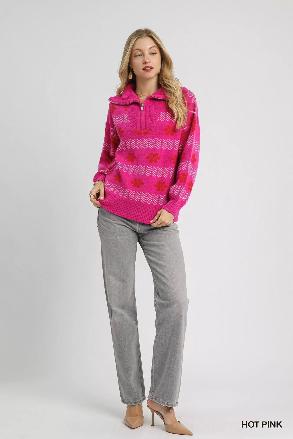 Floral Patterned Jacquard Quarter-Zip Pullover Sweater