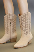 Fashion Faux Suede Laser Cut Detail Block Heel Boots