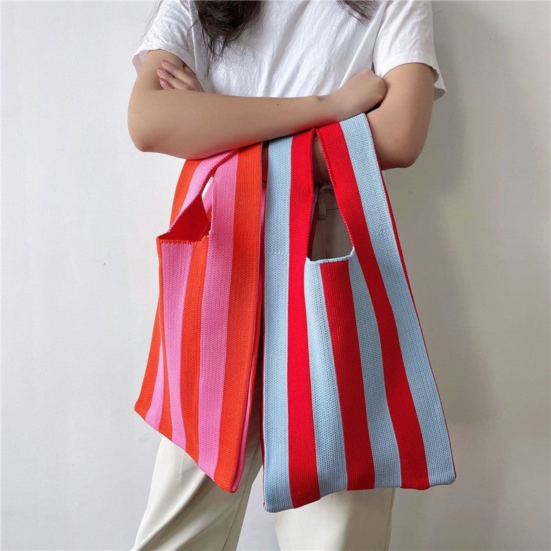 Contrast Color Striped Openning Knitted Handbag