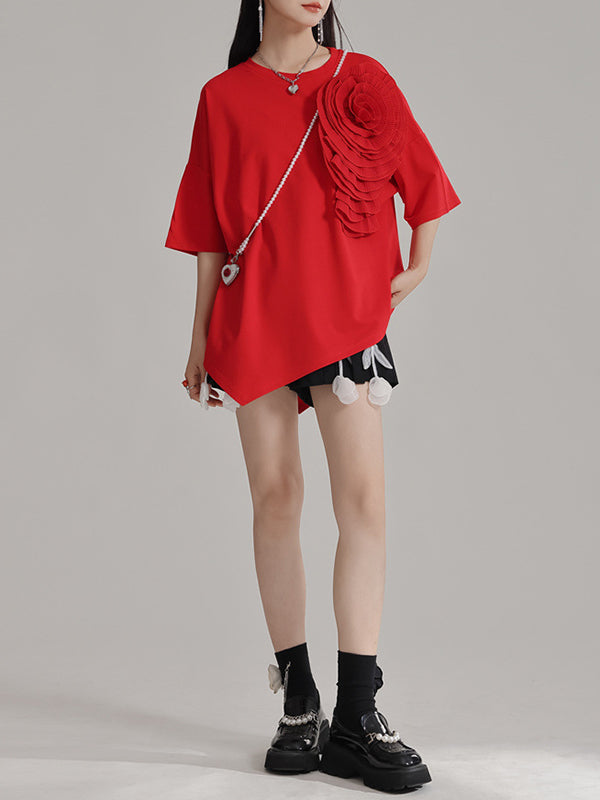 Loose Short Sleeves Asymmetric Solid Color Three-Dimensional Flower Round-Neck T-Shirts Tops