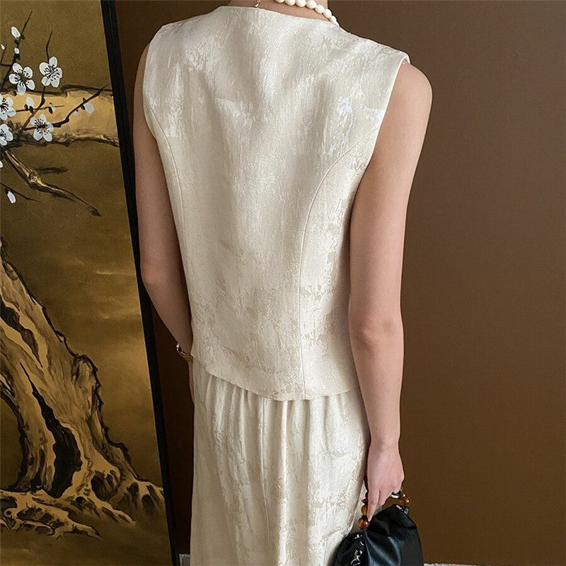 Floral Jacquard Vest and Skirt Ensemble
