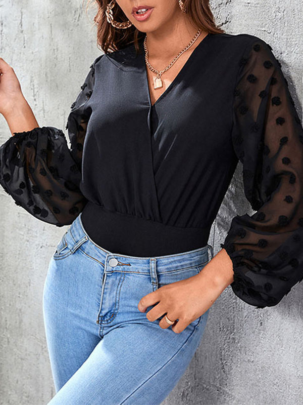 High Waisted Puff Sleeves Jacquard Pleated See-Through Solid Color Split-Joint V-Neck Bodysuits