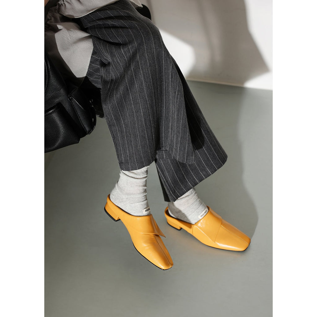 Women's Vintage Cowhide Fold-Over Mules | Square Toe Low Block Heel Backless Loafers