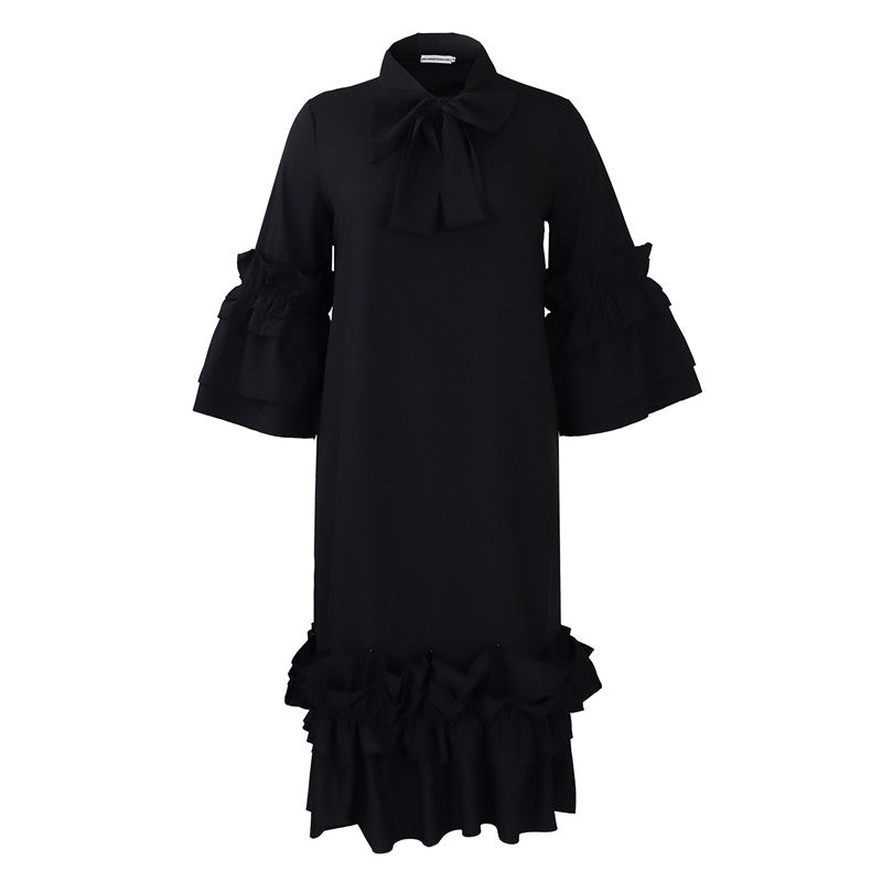Stylish Ruffle Hem Trumpet Sleeve Dress
