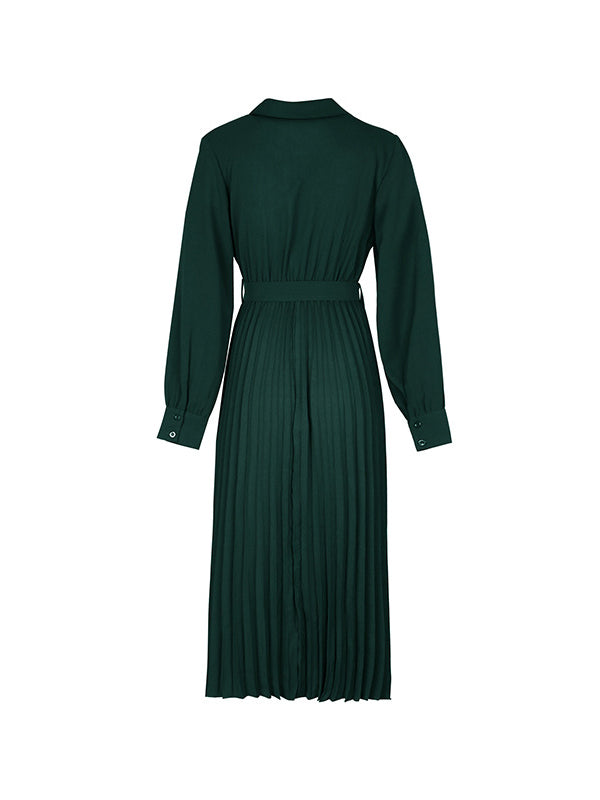 A-Line Long Sleeves Belted Buttoned Pleated Lapel Midi Dresses