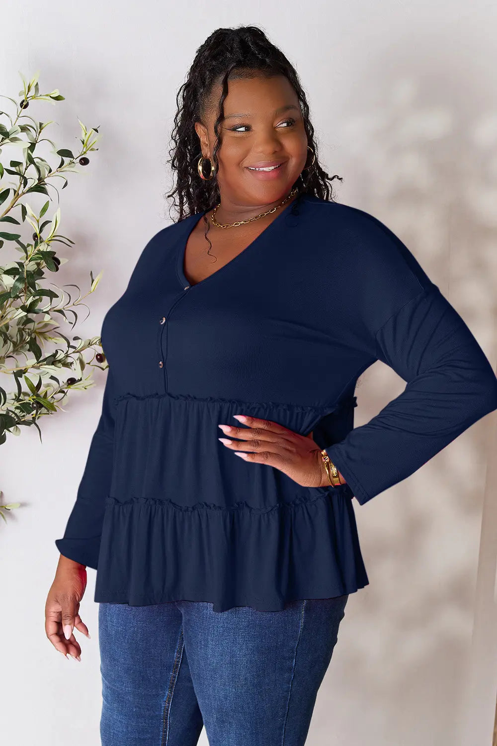 I am a Fashion Junky Take Half Button Long Sleeve Ruffle Hem Blouse