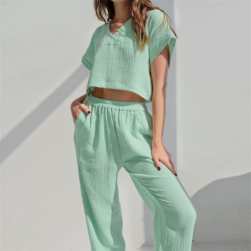 Solid Color Short Sleeve V-Neck Top and Pants Two-Piece Loungewear Set