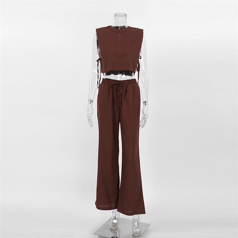 Cotton Linen Sleeveless Vest and Trousers Pajama Set for Women
