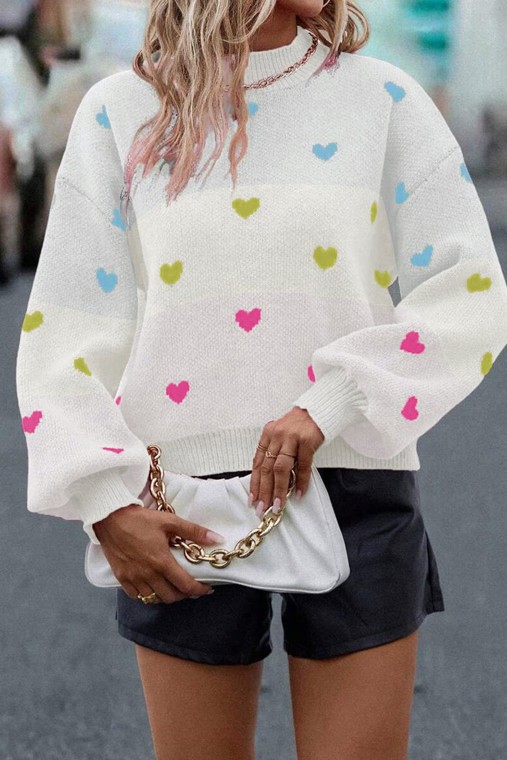 Multicolour Heart Pattern Colorblock Knit High Neck Baggy Sweater