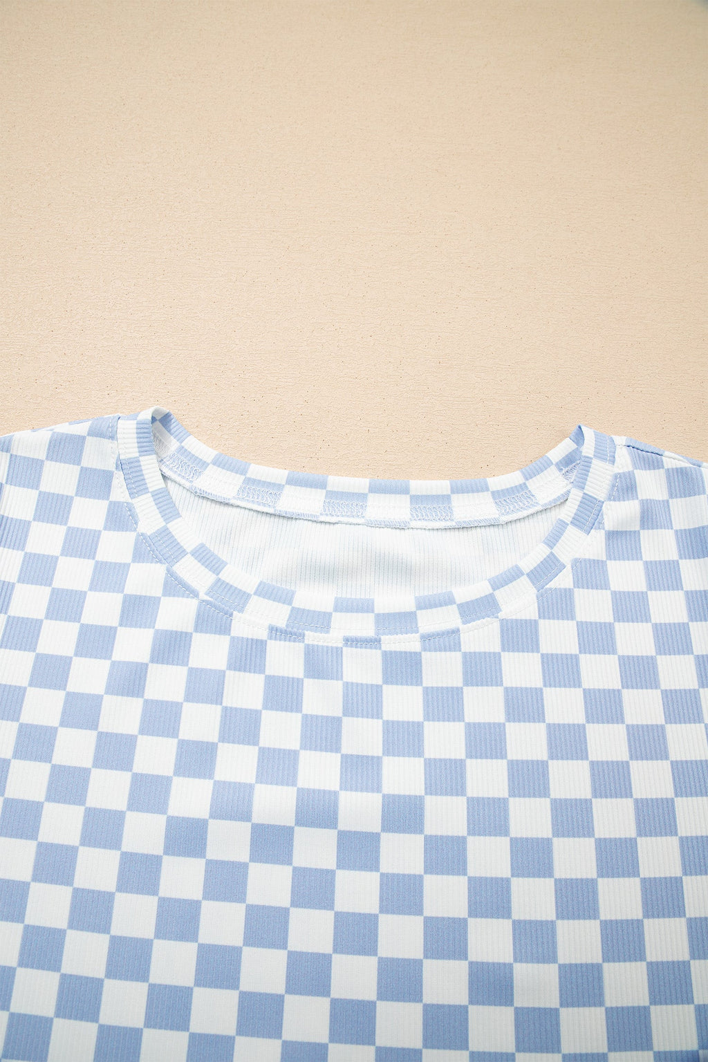 Sky Blue Checkered Ribbed Slim Fit Crew Neck T Shirt