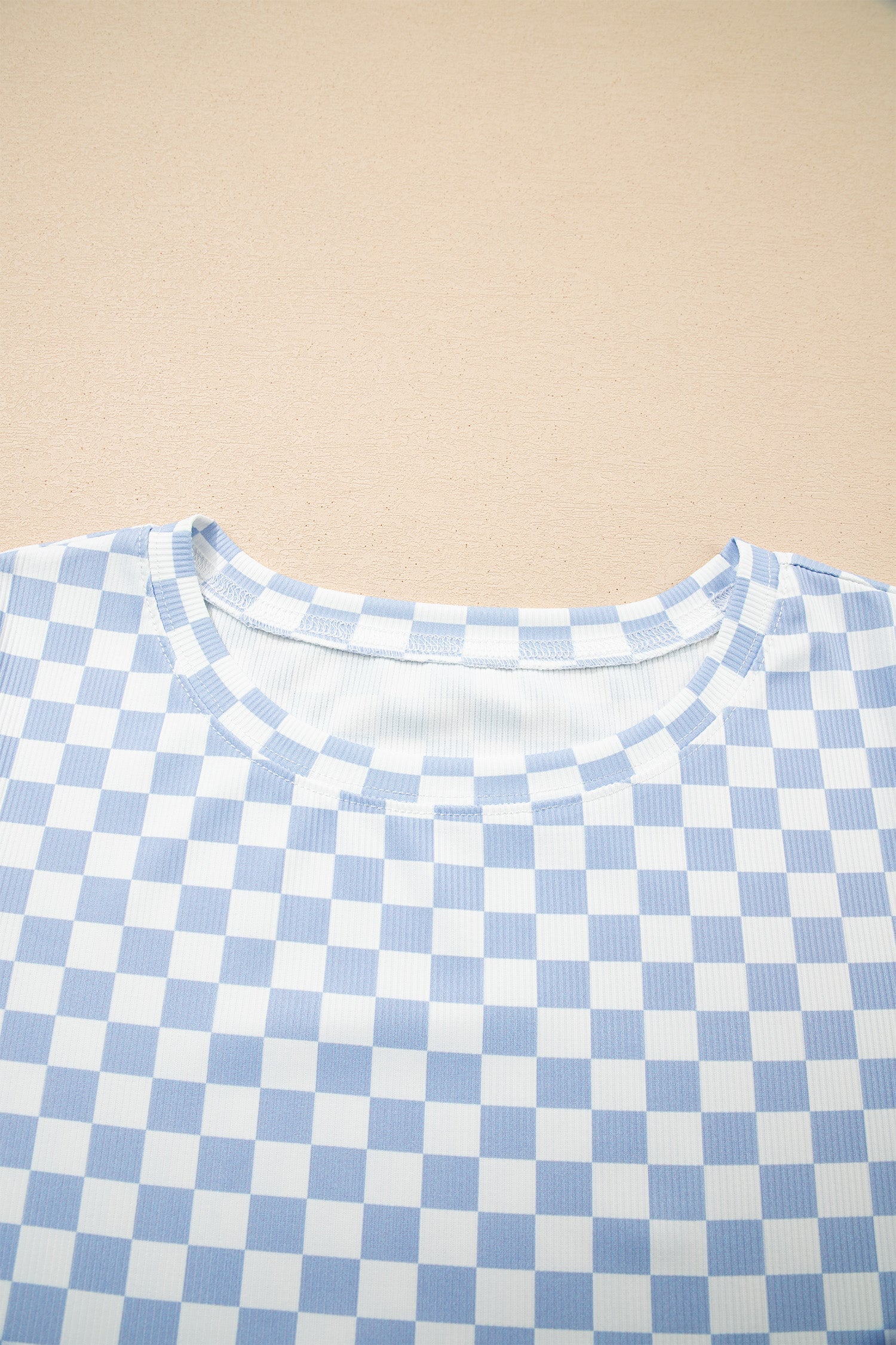 Sky Blue Checkered Ribbed Slim Fit Crew Neck T Shirt