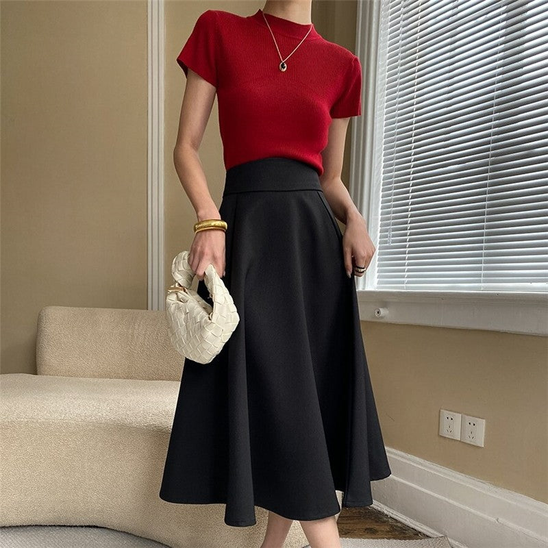 High-Waisted A-Line Midi Skirt in Solid Color