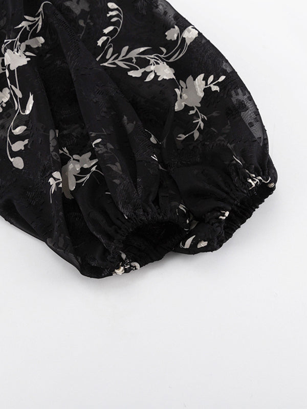 Loose Puff Sleeves Gauze Jacquard Lace-Up Pleated See-Through V-Neck Blouses&Shirts Tops