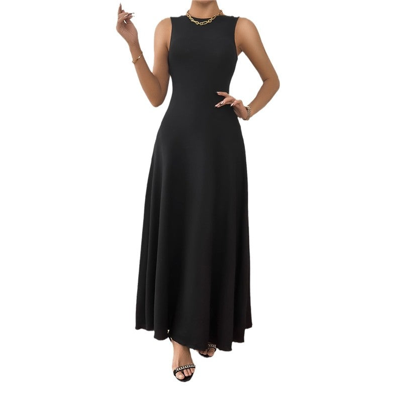 Solid Color Crewneck Sleeveless Backless Bandage Maxi Dress