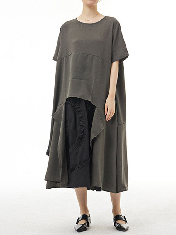 Irregular Clipping Loose Solid Color Round-Neck Midi Dresses