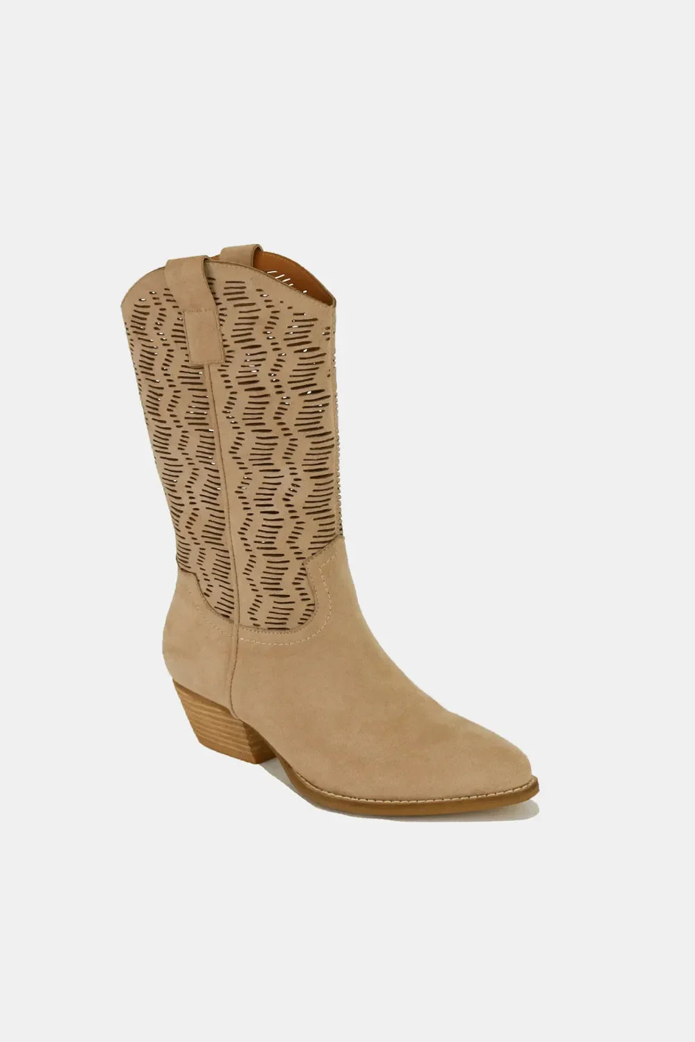 Fashion Faux Suede Laser Cut Detail Block Heel Boots