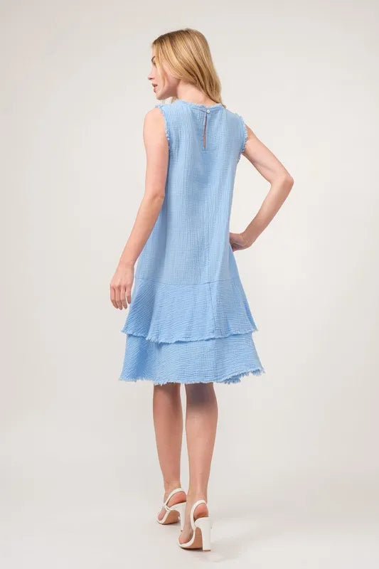 Washed Fringe Detail Tiered Dress