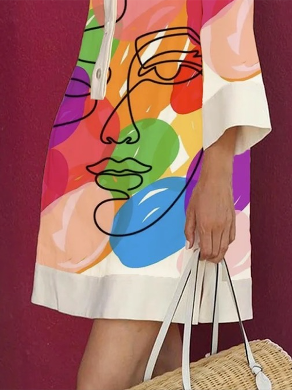 Loose Fit Mini Dress with Three-Quarter Sleeves, Buttoned Contrast Color Detail, Figure Print, and Lapel Coll