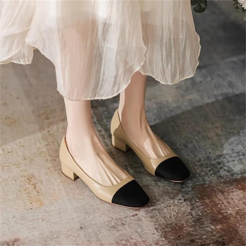 Women's French-Style Chunky Heel Square Toe Pumps - Soft PU Leather Slip-On Casual Shoes