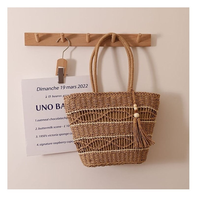 Fringed Beach Bag with Handwoven Straw - Handmade