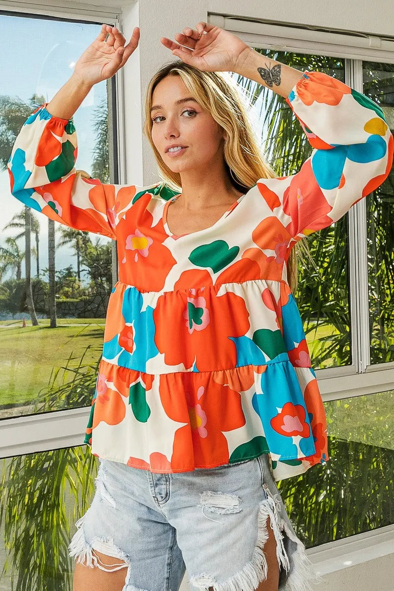 Floral Woven Tiered V Neck Top