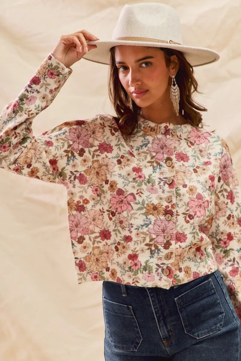Floral Print Button Front Sweater Cardigan