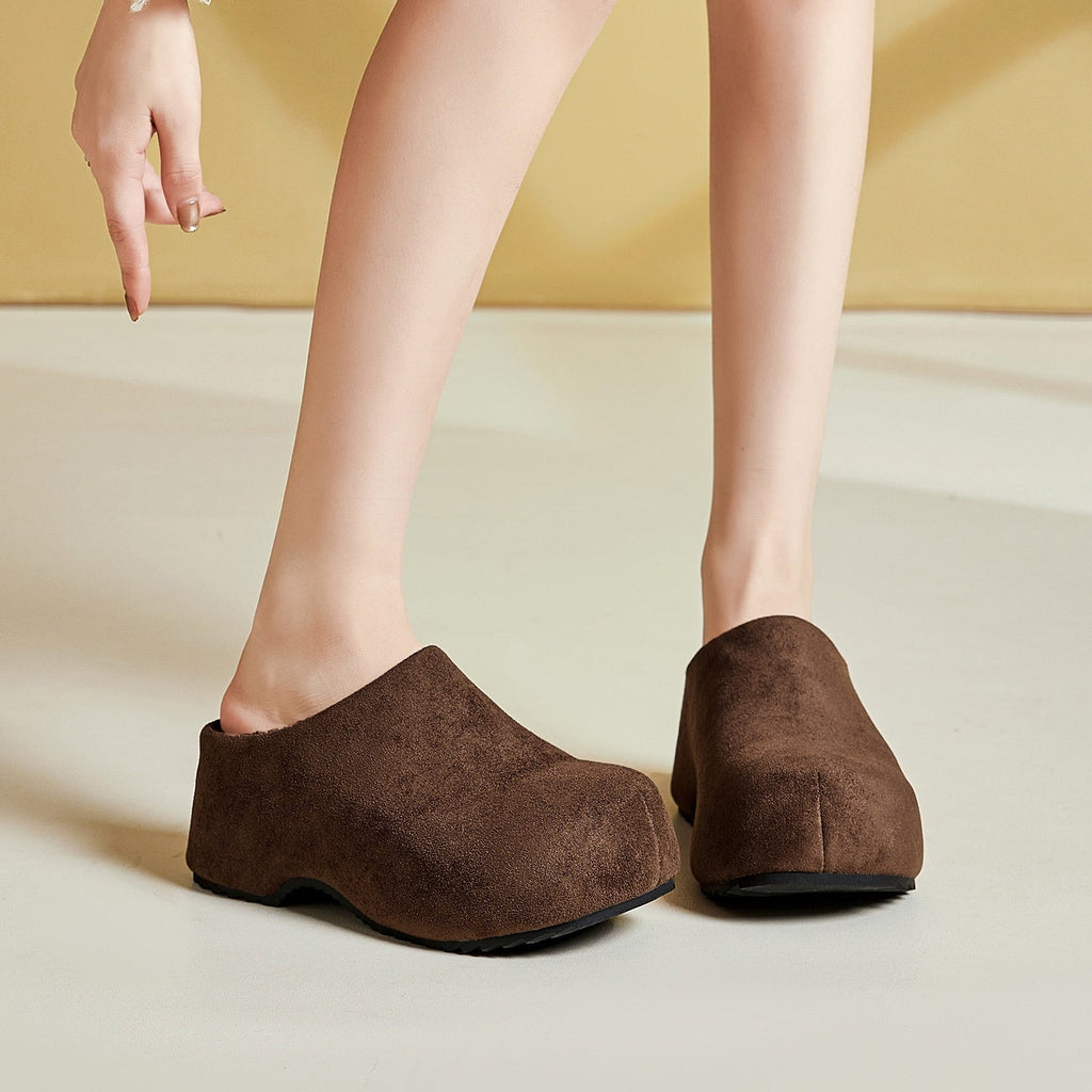 Women's Retro Chunky Sole Closed Toe Mules - Suede Platform Slip-On Shoes
