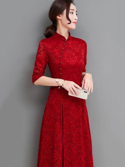 Red&Green Lace A-line Long Cheongsam Ao Dai