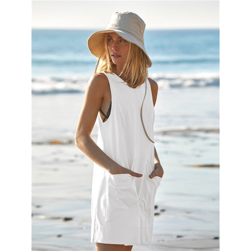 Sleeveless Solid Color Crewneck Loose Fit Casual Romper